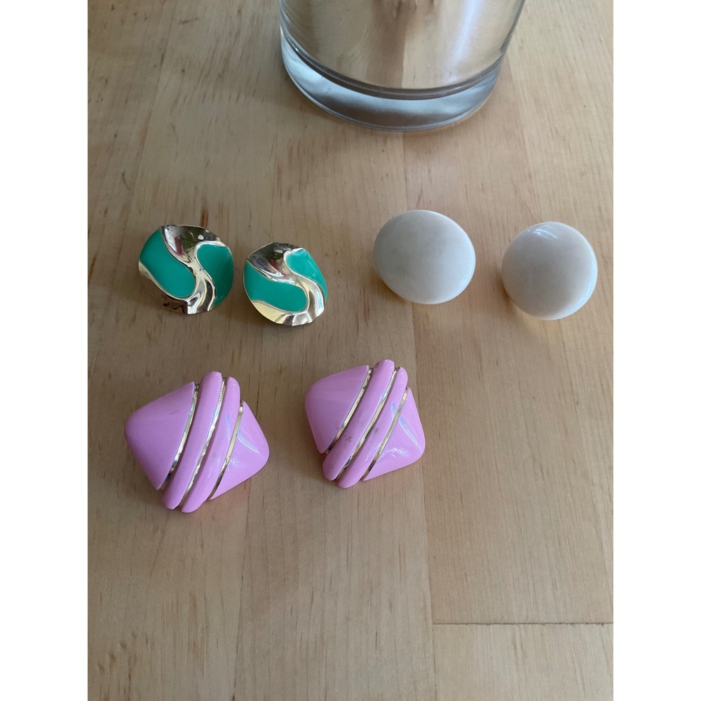 Vintage 80s Earring Lot 3 Pairs Teal Pink White Abstract Geometric Studs